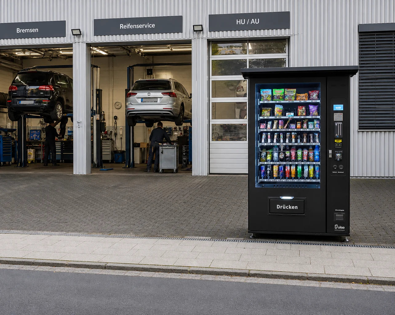 Pulse Vending Snackautomat vor den Werkstatt-Toren eines Autohauses mit Fahrzeugen auf Hebebühnen
