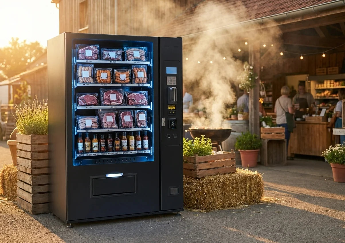 Gekühlter Pulse-Automat mit vakuumiertem Fleisch, Würsten und Saucen vor einem Hofladen