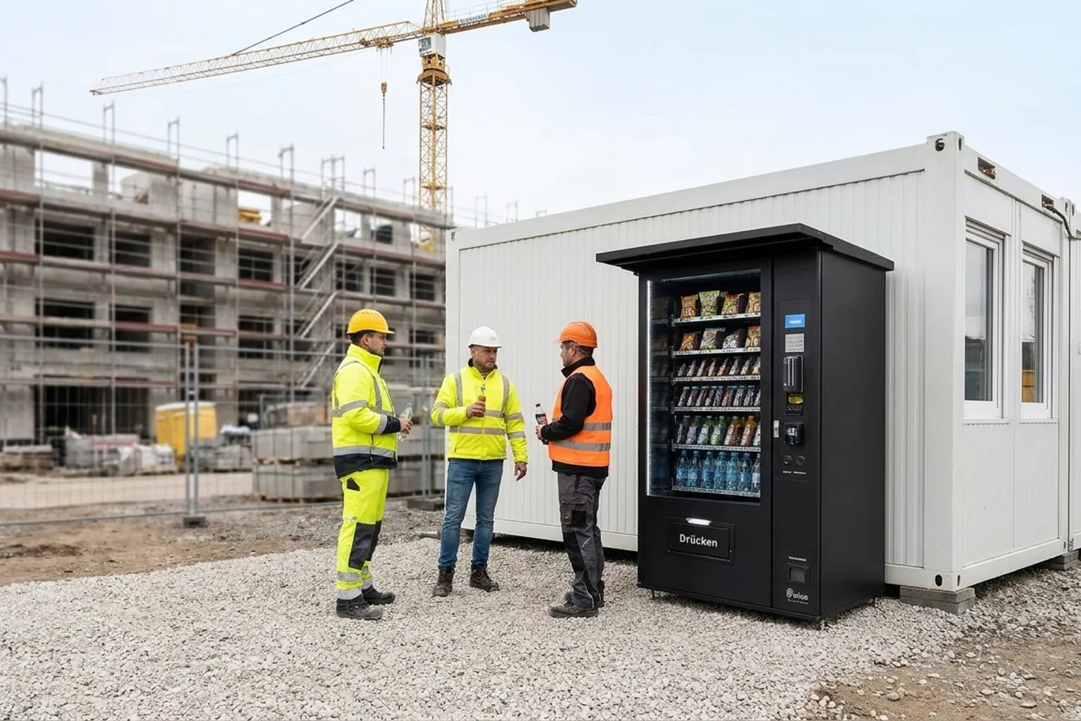 Schwarzer Pulse PV1100 mit Schutzdach neben Baucontainern auf einer Großbaustelle, Bauarbeiter mit Warnwesten in der Pause