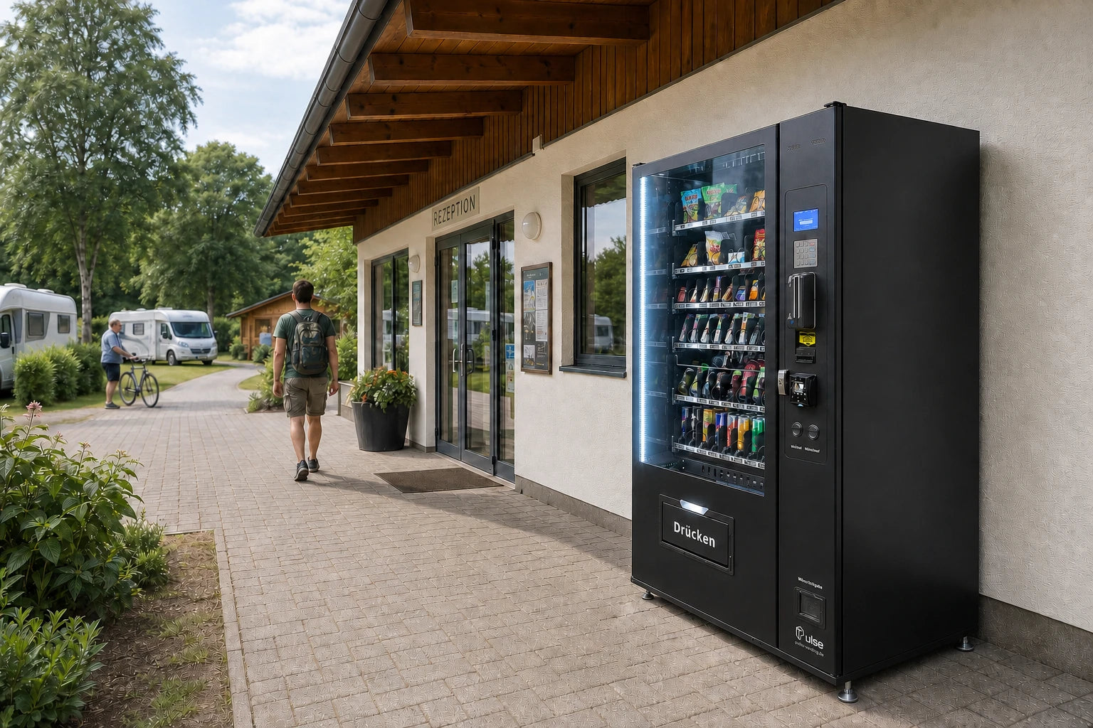 Pulse PV1100 Verkaufsautomat neben der Rezeption eines Campingplatzes, im Hintergrund Wohnmobile und ein Gast auf dem Weg zum Platz