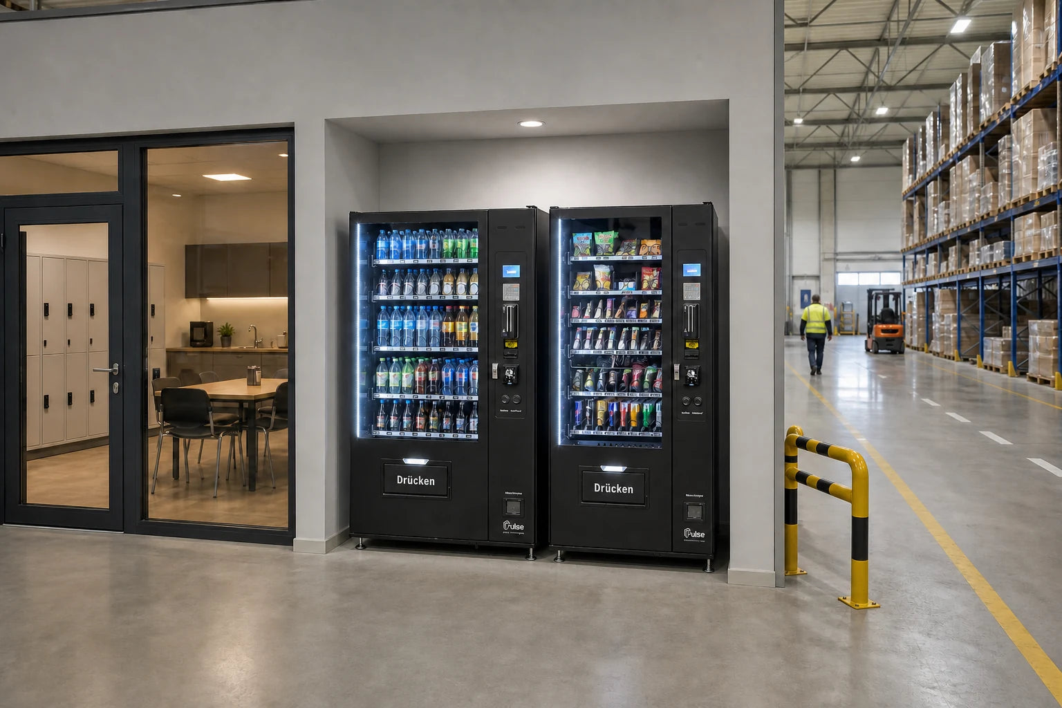 Zwei Pulse PV1100 mit Getränken und Snacks am Pausenraum einer Industriehalle, im Hintergrund Regallager und Gabelstapler