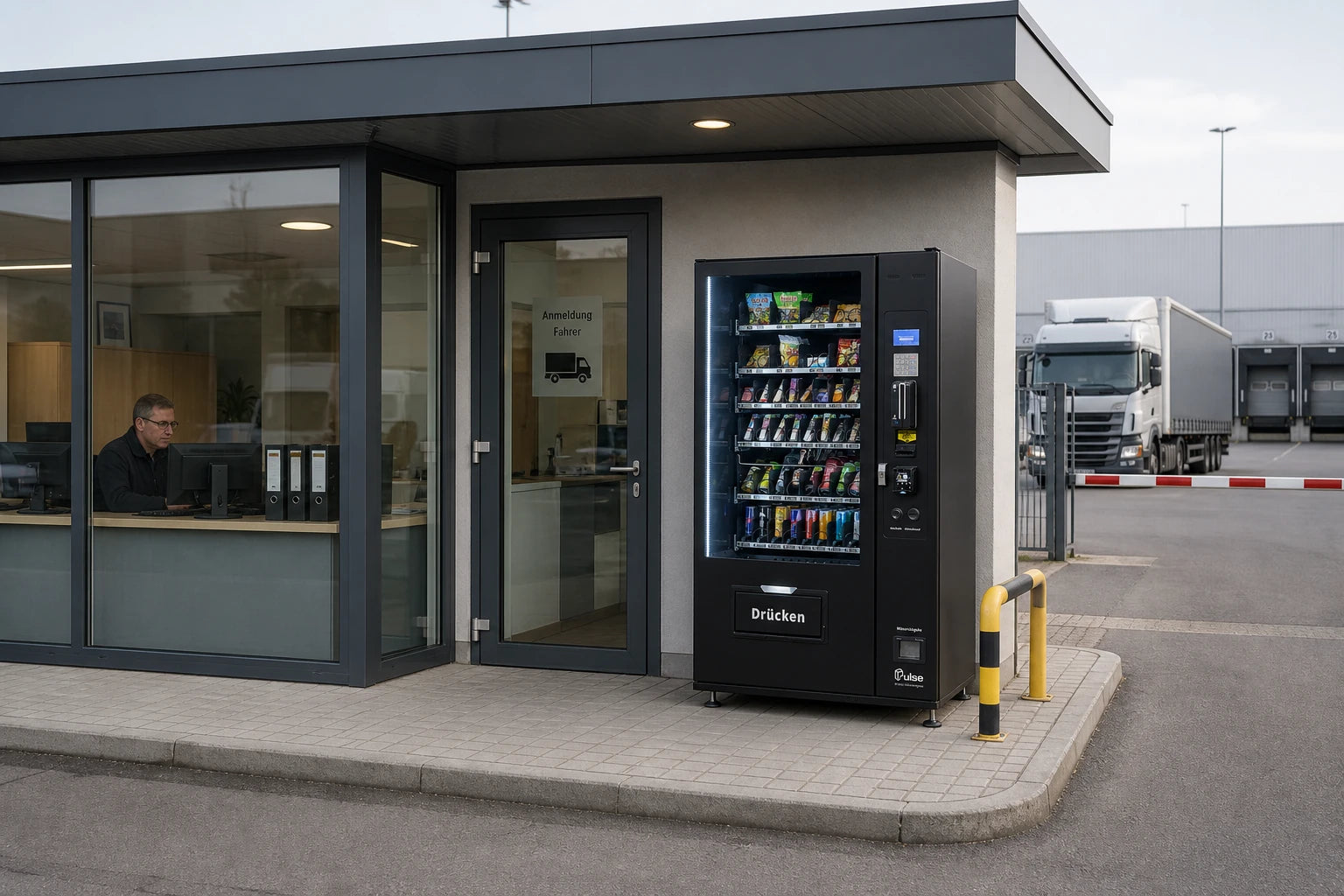 Pulse PV1100 an der Fahrer-Anmeldung eines Speditionshofs, im Hintergrund ein Lkw an der Laderampe