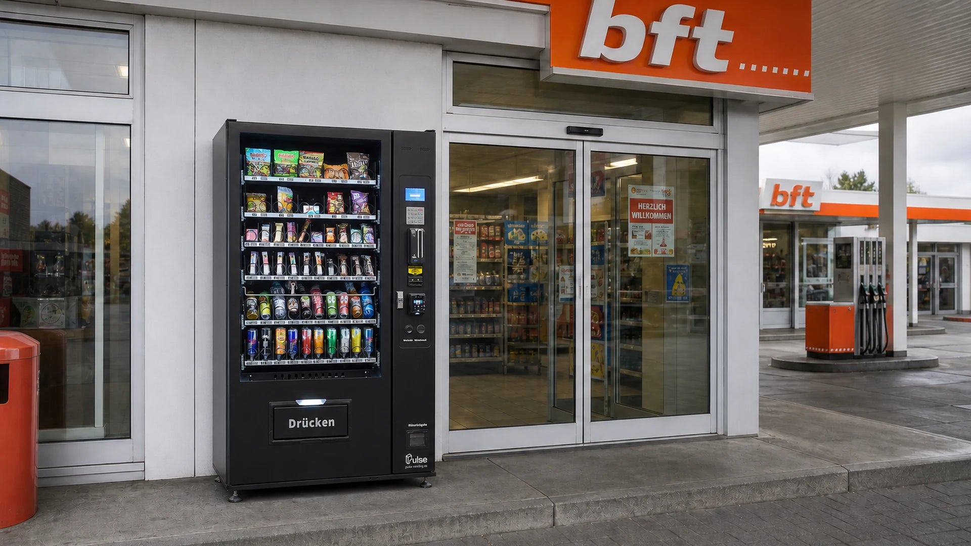 Pulse PV1100 Warenautomat mit Snacks und Getränken neben dem Eingang einer Tankstelle, im Hintergrund die Zapfsäulen