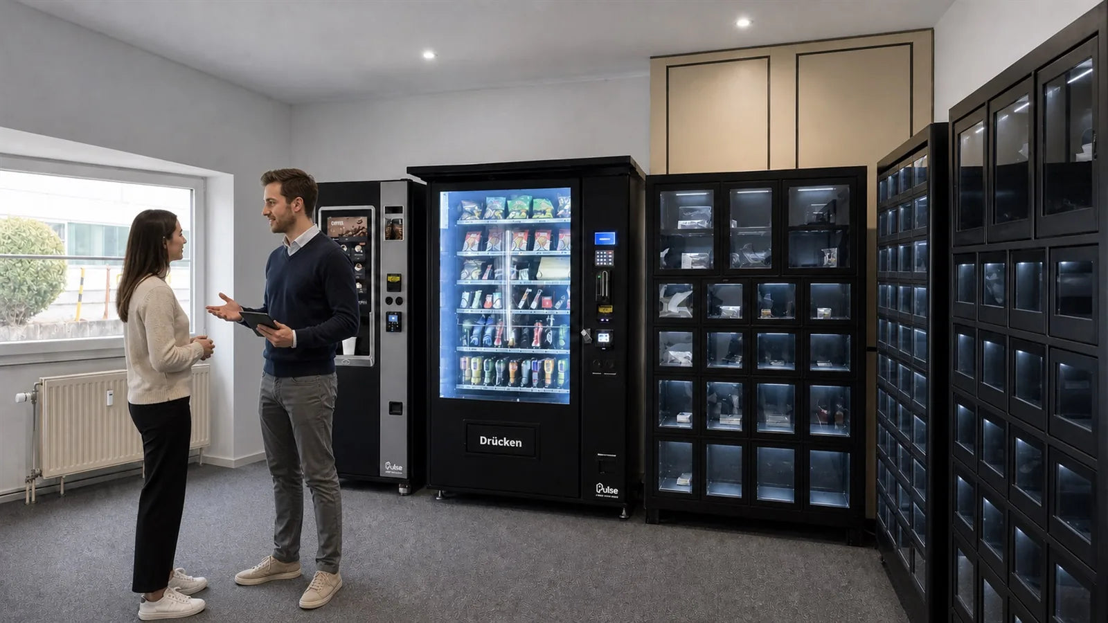 Persönliche Beratung im Pulse Vending Showroom vor PV1100 und Fächerautomaten