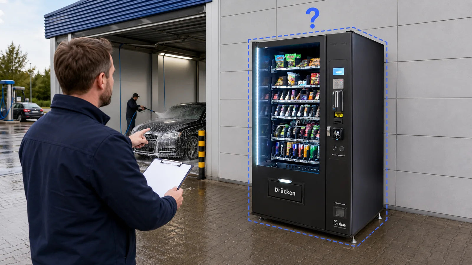 Betreiber mit Klemmbrett prüft einen möglichen Aufstellplatz für den PV1100 Snackautomaten