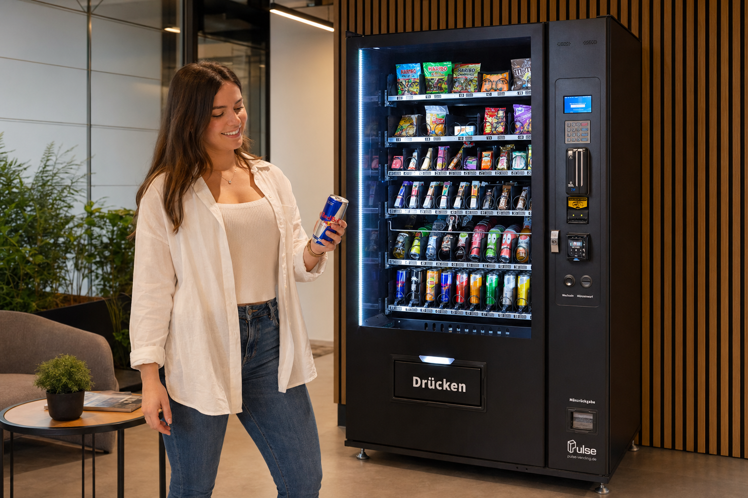 Frau mit Getränk am Pulse Vending PV1100 Warenautomat im Büro