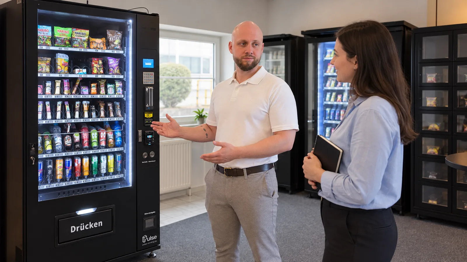 Illustrative Beratungsszene im Showroom neben einem Pulse-Warenautomaten