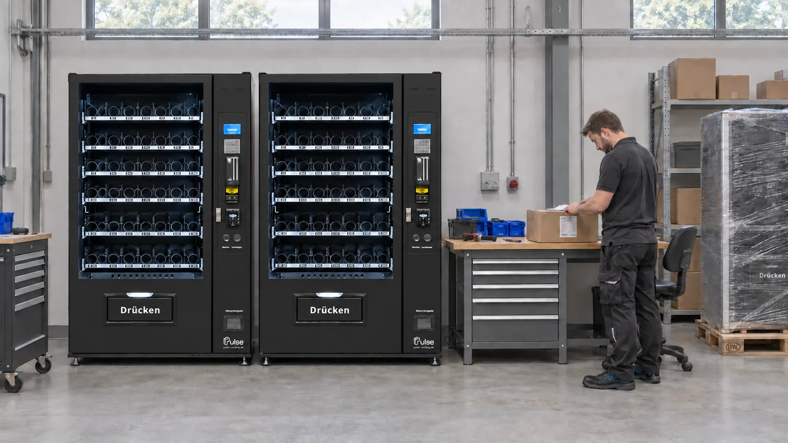Zwei leere PV1100-Warenautomaten neben einem Packarbeitsplatz – KI-generierte Illustration