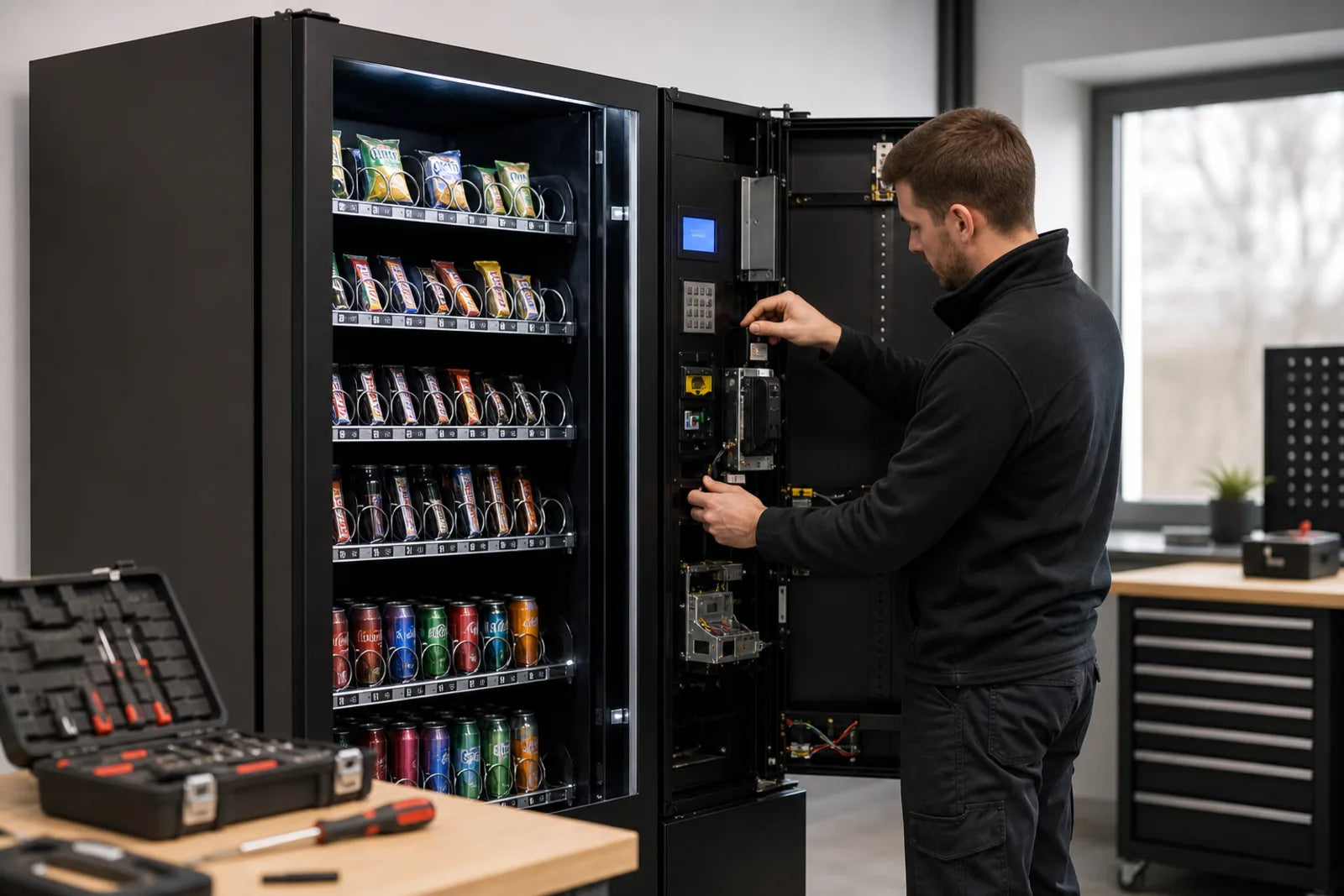 Techniker passt einen PV-Warenautomaten an