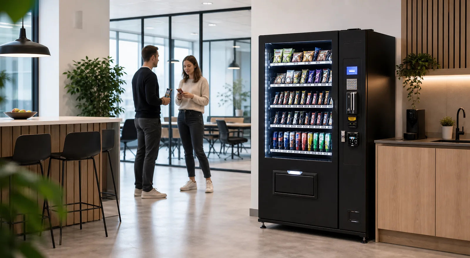 Menschen im Gespräch neben einem Pulse-Warenautomaten