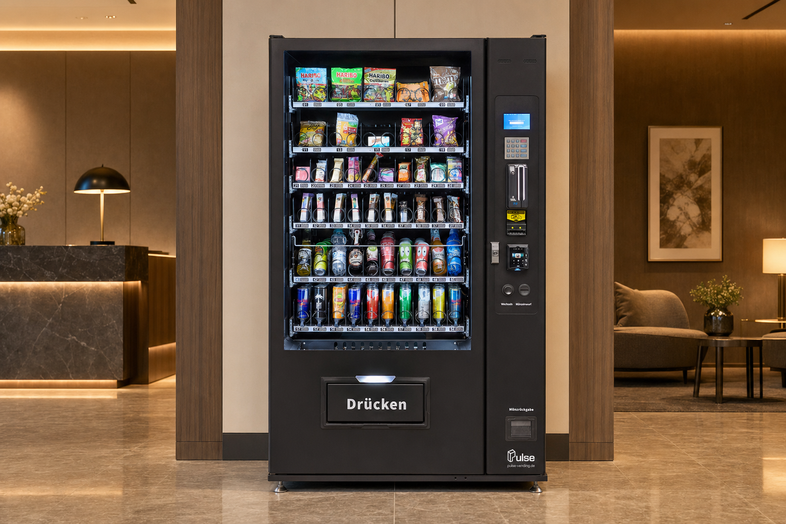 Pulse Vending PV1100 Warenautomat in einer Hotel-Lobby