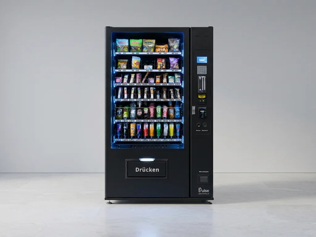 Pulse PV1100 Snackautomat mit voll bestücktem Sortiment in hellem, minimalistischem Raum
