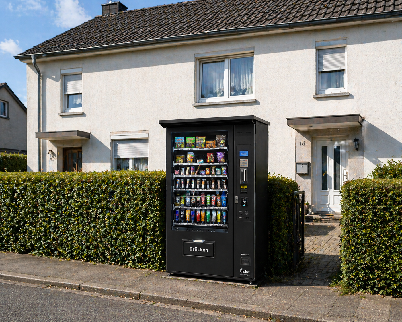 Pulse Vending PV1100 Warenautomat vor einem Wohnhaus